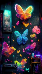 Sticker - Abstract multicolored beautiful butterflies. Lots of colored butterflies, colored paints, rainbows and multicolored smoke. Colorful rainbow illusion. The concept of miraculous nature.