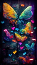 Abstract Multicolored Beautiful Butterflies. Lots Of Colored Butterflies, Colored Paints, Rainbows And Multicolored Smoke. Colorful Rainbow Illusion. The Concept Of Miraculous Nature.