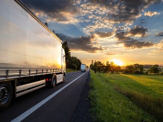 Wall Mural - two trucks driving on the asphalt road in rural landscape at sunset