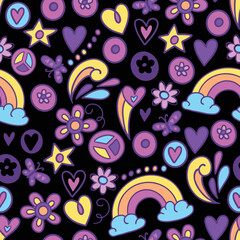 Sticker - hand drawn fashion girls pattern. Colourful modern teenagers background with graffiti elements, stickers. girlish  print for textile, clothes, wrapping paper.