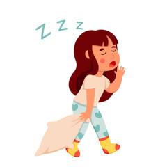 Sleepy girl sleepwalking at night and yawning vector illustration. Cartoon isolated adorable kid in pajamas holding soft pillow and walking alone to bedroom, funny little sleepwalker in sleepwear