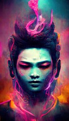 Portrait of Buddha in a futuristic cyberpunk style in a neon atmosphere. A neon Buddha in the middle of smoke. Futuristic reality and cyberpunk concept. Perfect for phone wallpaper or for posters