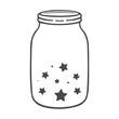 Hand drawn mason jar with stars. Cosmic glass container. Empty kitchen pot with lid. Contour sketch