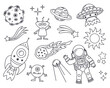 Doodle space bundle. Hand drawn cosmic collection. Exploration set. Astronaut, Rocket, Planet, Sun