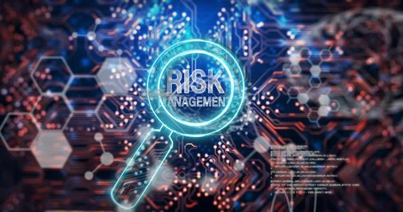 Wall Mural - animation of risk management text over reading glass and data processing