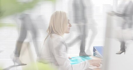 Poster - Animation of caucasian businesswoman working at desk over time lapse of people walking on street