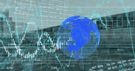 Poster - Animation of financial data, graphs with blue globe on digital interface against building