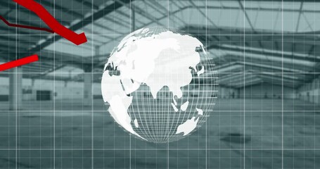 Poster - Animation of red line graphs moving on globe with grids against building interior