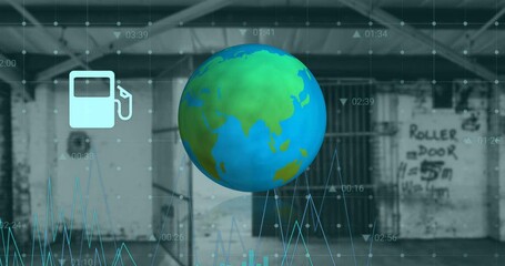 Poster - Animation of graphs, grids with icons moving on blue globe against old building interior