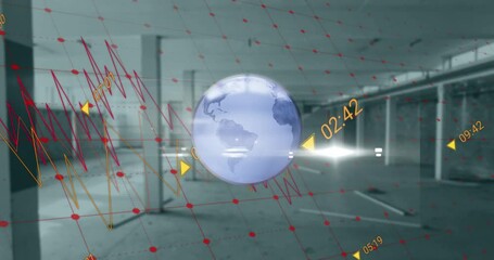 Poster - Animation of data, graphs with grids moving on rotating globe against building interior