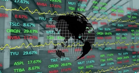 Poster - Animation of financial data with graphs moving on rotating globe against building interior