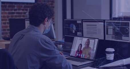 Poster - Animation of dots connecting with lines over caucasian man in mask video calling family in office