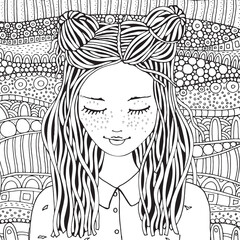 Wall Mural - Cute girl. Coloring book page for adult and children. Black and white. Doodle, zentangle style. 