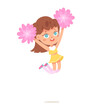 Cheerleader with pom poms jumping high, little girl in cute attire dancing energy dance