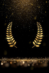Wall Mural - Gold laurel wreath and falling glitter vector illustration. Realistic movie award, golden dust in festive glamour holiday poster, confetti rain from shiny particles on black background
