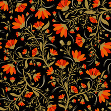 Seamless Floral Pattern With Flowers, Leaves, Buds On A Black Isolated Background. Designer Floral Background In Orange And Olive.