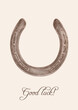 An aquarelle pencil artistic hand drawn image of a brown horseshoe with a writing 