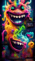 Wall Mural - Abstract magical funny cartoon monster. Lots of colored paint, ink, funny monster and rainbow colors. Colorful wonderful surrealism of dreams. The concept of dreams and illusions.