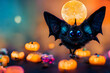 cute bat with pumpkins and moon on dark background, neural network generated art. Digitally generated image. Not based on any actual scene or pattern.