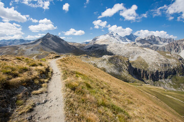 Randonnée entre la tovière et le col de Fresse sur un sentier aérien avec vue sur la Grande Motte qui est un sommet du massif de la Vanoise situé à l'extrémité de la vallée de Tignes, en Savoie. 