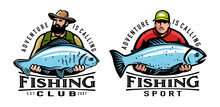 Fisherman Holds Big Fish Caught On Fishing Rod. Sport Fishing Emblem Or Logo Design Template. Vector Illustration Set
