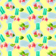Watercolor background with tropical flowers, lime blue spots and ice cream on a stick. Seamless pattern for bright colorful wallpapers, menus, textiles, packaging, office and bed linen.