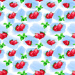 Watercolor background with ripe strawberries, green mint and blue spots. Seamless pattern for bright colorful wallpapers, menus, textiles, packaging, office and bed linen.