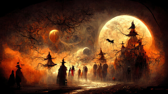 Halloween background with scary pumpkins, Dracula's castle and silhouettes of flying bats against full moon. Hi tech. AI.