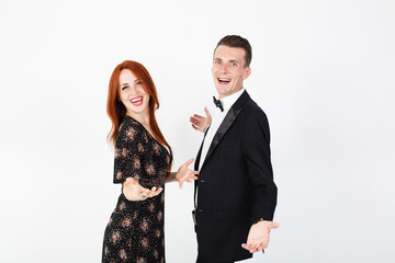 Man and woman actors performing on the stage. Smiling man and woman on white background with copy space