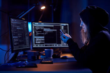 Poster - cybercrime, hacking and technology concept - female hacker with smartphone using computer virus program for cyber attack in dark room