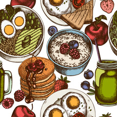 Wall Mural - Breakfast seamless pattern background design. Engraved style. Hand drawn pancakes, bowl with avocado, porridge with berries, fried eggs, raspberry, blueberry, strawberry, apples, smothie jars.