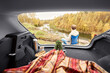 © Syda Productions - travel, tourism and camping concept - view to river from car trunk with feet in warm socks under blanket, two cups of tea, thermos and cookies