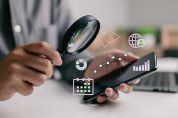 Poster - Analyzing graphs and charts with a magnifying glass, calculating or investigating market expansion, financial reports, investment data, or sales information concepts, is a smart business analyst.