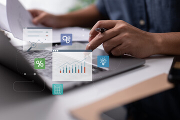 Fototapete - e-learning programs and consultancy for company management. analyzing financial charts and executive networking.
