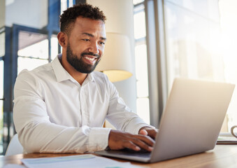 Poster - Laptop, business and technology with a corporate man at work on a computer at his desk in an office. Innovation, mission and vision with an employee working with motivation and focus toward a goal.