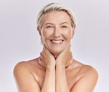 Skincare, Bodycare And Face Of A Mature Woman With Wrinkles And Anti Aging Beauty Hygiene Routine. Portrait Of Happy Senior Lady With A Healthy, Wellness And Self Care Lifestyle In A Studio.