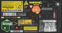 Set Of Vector Stickers And Labels In Futuristic Style. Inscriptions And Symbols, Japanese Hieroglyphs For Danger, Attention, AI Controlled, High Voltage, Warning. Cyberpunk Sticker Set