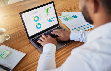 Poster - Business man planning with finance graph on laptop at work, working on stats and data and doing marketing research in office. Professional worker typing on computer and reading information online