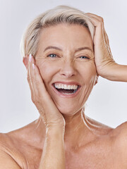 Sticker - Skincare, wrinkles and face of old woman or model in beauty, cosmetics or flawless skin portrait isolated on studio background. Big smile senior lady posing with anti aging skin care wellness routine