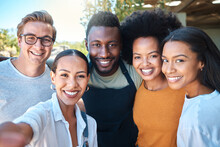Portrait Of Diverse Friends Taking A Selfie, Bonding And Enjoying Their Freedom Outdoors Together. Young Group Having Fun, Smiling And Looking Happy On A Weekend, Hanging Out And Loving Friendship
