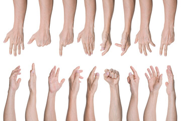 Set of Man hand gestures isolated on transparent background - PNG format.