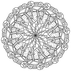 Christmas mandala, meditative coloring page with a gift, sweets and ornate patterns