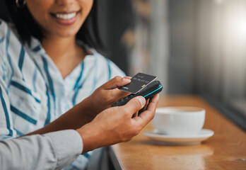 Sticker - Hands paying bill with credit card payment for coffee or tea at cafe, coffee shop or restaurant close up. Woman making cashless purchase with help and assistance from store worker, employee or waiter