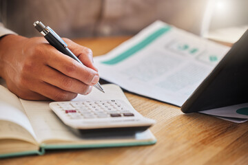 Poster - Accountant or financial advisor calculating the tax, expenses or budget for a business in an office. Closeup of male investment consultant hands working and writing company finance statement