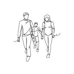 Family happiness while walking drawn with continuous one line. Minimalist style vector illustration in white background.