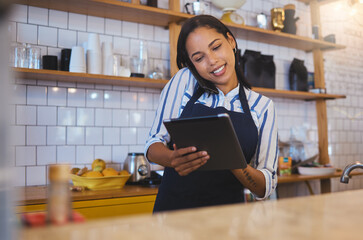 Fototapete - Restaurant worker on tablet, phone call and making food payment, delivery or crm conversation with a customer. Business owner or manager of fast food store, coffee shop or cafe shopping for supplies