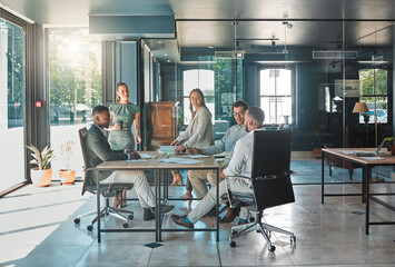 Aufkleber - Corporate business meeting, team collaboration and strategy planning in a startup company. Office workers, diversity employees and workforce having discussion, brainstorm and speaking in an agency