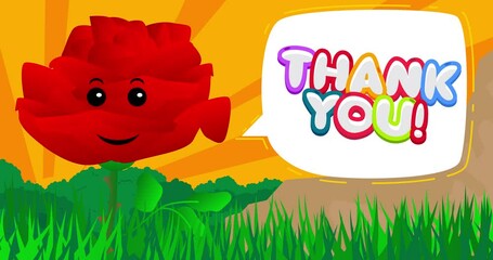 Poster - Red Flower saying Thank You with speech bubble. Wildflower cartoon animation.