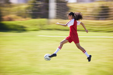 Sticker - Football, soccer and running girl with a ball doing a sport exercise, workout and training. Moving and young woman athlete in a sports player team uniform runing for fitness cardio on a grass field