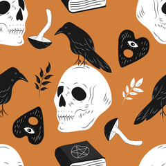 Wall Mural - vector seamless pattern in a flat style on the theme of halloween, witchcraft and magic. pattern with skulls, ravens